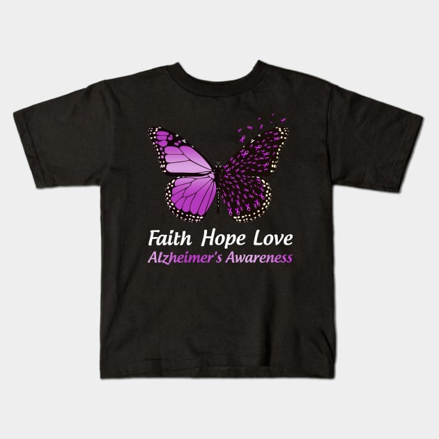 Faith Hope Love Butterfly Alzheimer's Awareness Kids T-Shirt by Margaretsantana